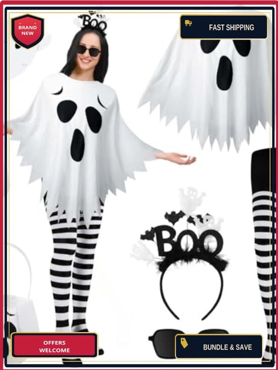 Other - 5 Pc Ghost Halloween Costume Kit Poncho Headband Tights Candy Bag Cosplay